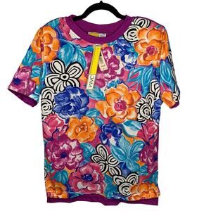 Traffic Jam Vintage Floral Cotton Blend Tee with Shoulder Pads Size Small